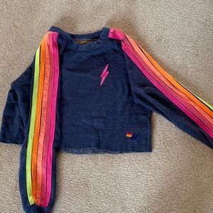 Aviator nation- gently worn. Cropped sweatshirt Neon stripes. Heathered navy